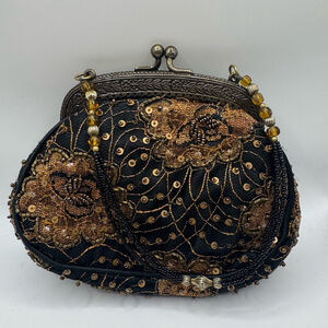Vintage 80s Christiana Small Handbag Sequin Beaded Purse Frame Kiss Clasp Lock